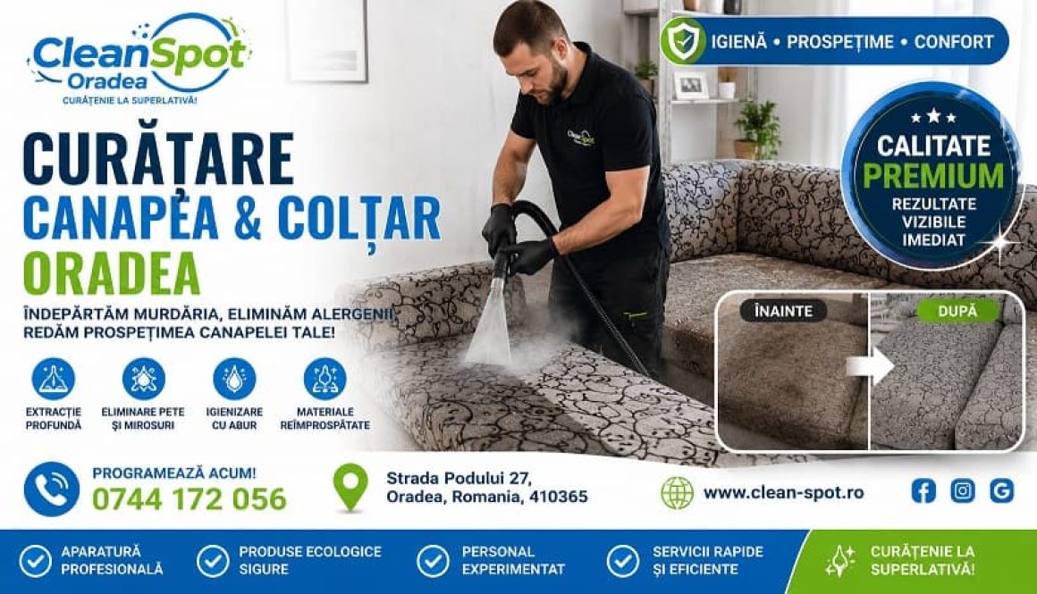 Curățare Canapea și Colțar Oradea – Spălare Profesională Mobilă cu Extracție și Eliminare Pete | Clean-Spot Oradea Curățare profesională canapea și colțar în Oradea realizată de Clean-Spot Oradea prin extracție, injectie-extractie și igienizare cu abur pentru eliminarea petelor, murdăriei și mirosurilor