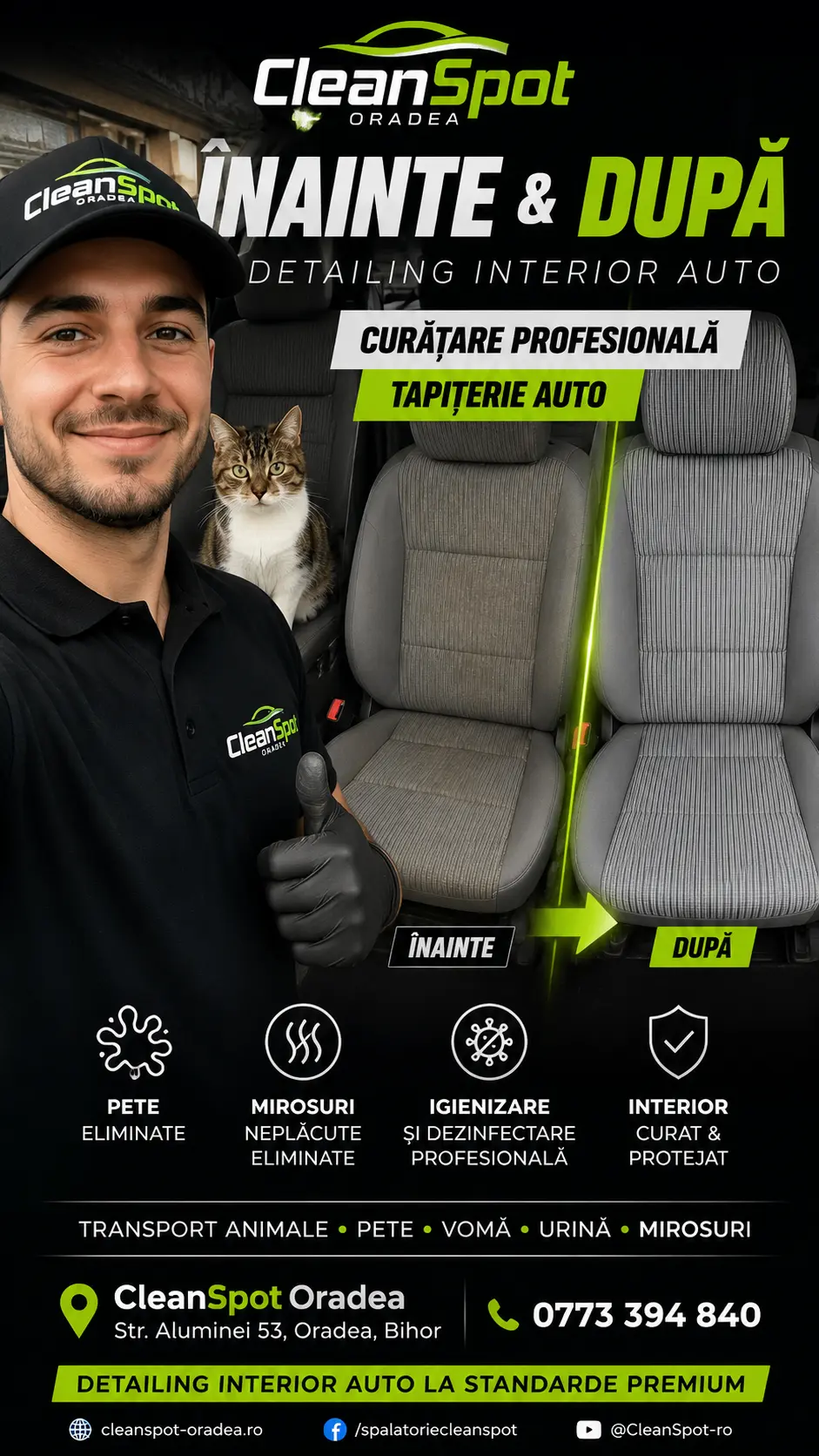 Rezultat înainte și după pentru detailing interior auto și curățare tapiterie în Oradea realizat de CleanSpot