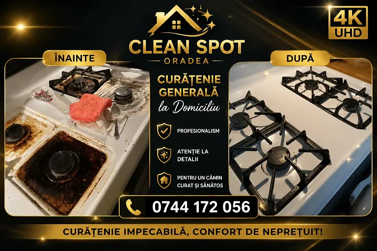 Serviciu profesional de curățenie generală la domiciliu în Oradea realizat de Clean Spot – comparație înainte și după curățarea completă a aragazului și bucătăriei.