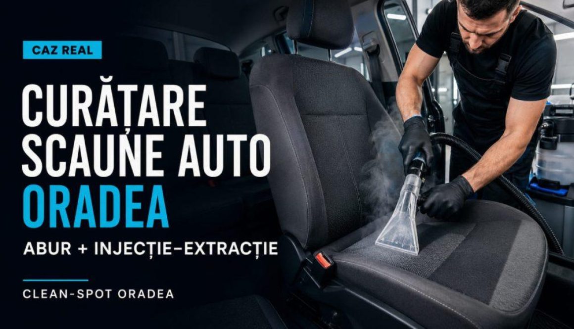 Curățare și igienizare tapițerie auto Oradea – Clean-Spot Specialist Clean-Spot curățând tapițeria unui scaun auto cu abur și injecție-extracție în Oradea