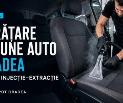 Curățare și igienizare tapițerie auto Oradea – Clean-Spot Specialist Clean-Spot curățând tapițeria unui scaun auto cu abur și injecție-extracție în Oradea