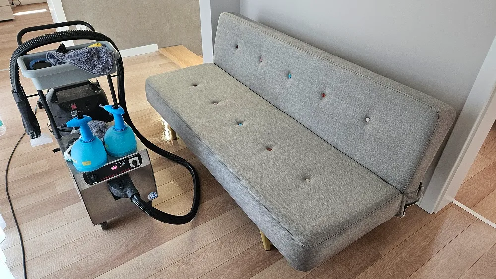 Igienizare profesională a unei canapele textile deschise la culoare