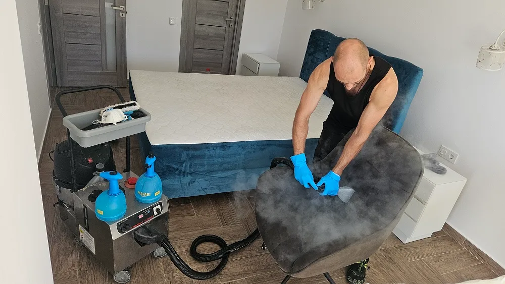 Echipament profesional Clean-Spot folosit la curățarea unui fotoliu recliner în Oradea